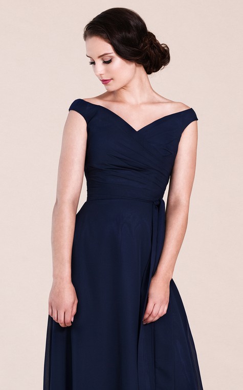 Off-shoulder A-line Chiffon Gown With V-back - 2