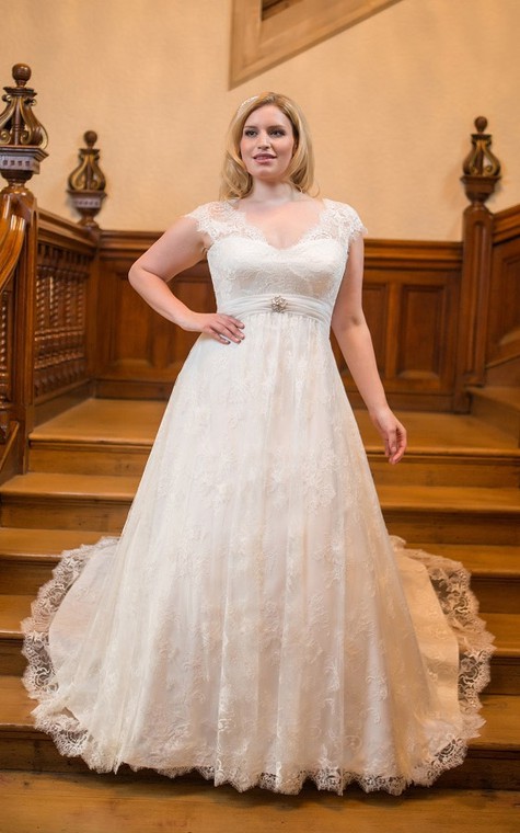 A-Line Floor-Length V-Neck Cap Empire Lace Sweep Train Pleats Dress - 3