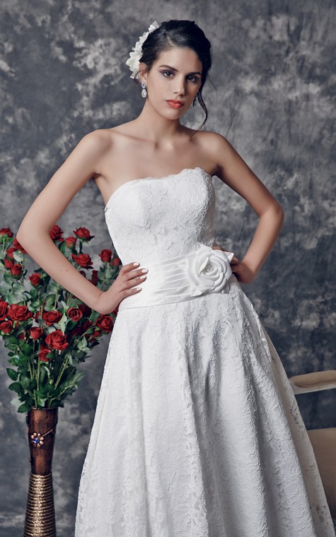 Delicate Strapless Tea Length Lace Dress With Floral Ruched Waistline - 4