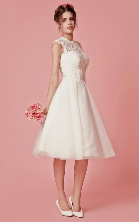 Aristocratic Cap-sleeve High Neck Tea-length Dress With Lace Top - 3