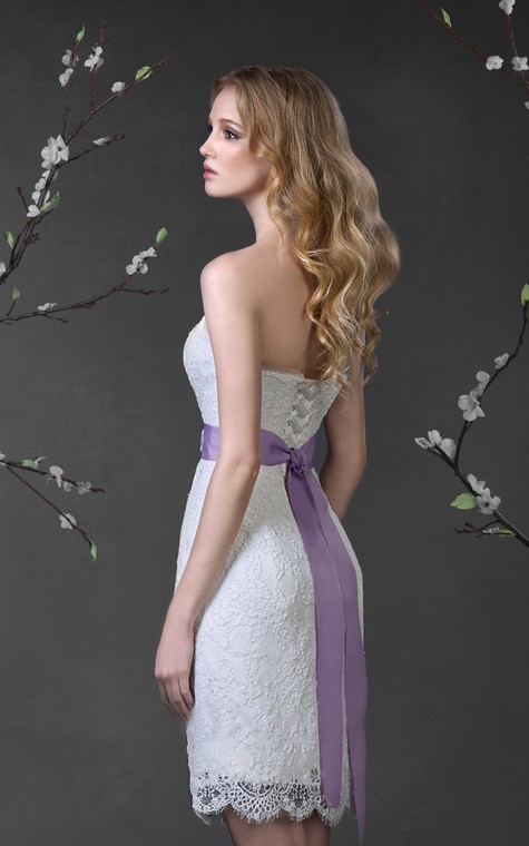 Pencil Short Strapless Sleeveless Lace-Up Lace Dress With Waist Jewellery - 3