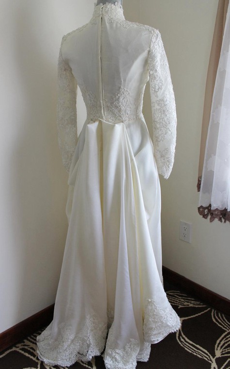 Long Sleeve Lace and Satin Dress With Queen Anne Neckline - Dorris Wedding