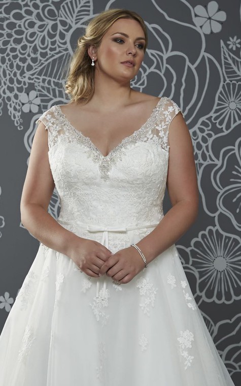 A-Line Floor-Length V-Neck Cap Tulle Court Train Low-V Back Beading Dress - 3