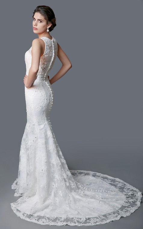 Delicate Illusion Back Lace Mermaid Dress - 2