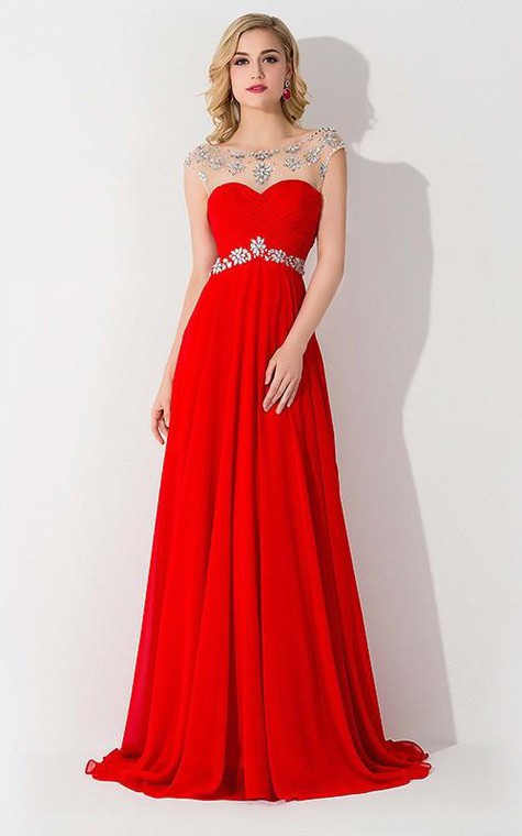 A-line Sleeveless Bateau Chiffon Ruched Sweep Train Dresses - 3