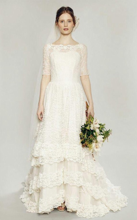 Short Sleeve Lace A-Line Bateau Neck Dress With Tiers - 2