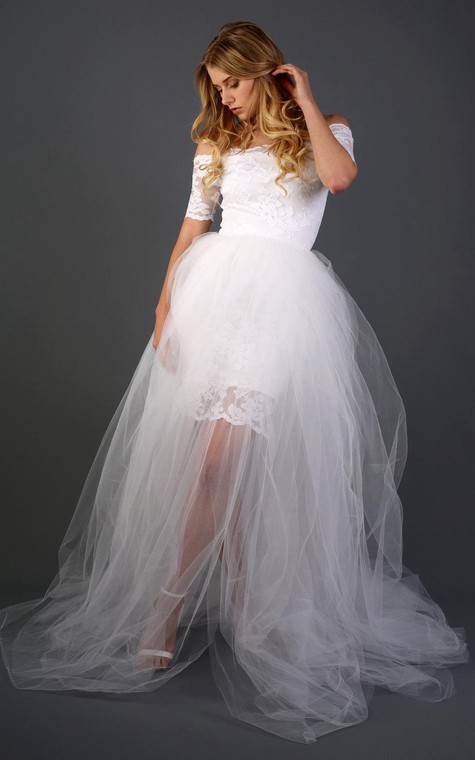 Sheath Off-The-Shoulder Short Sleeve Lace Dress With Detachable Tulle Skirt - 4