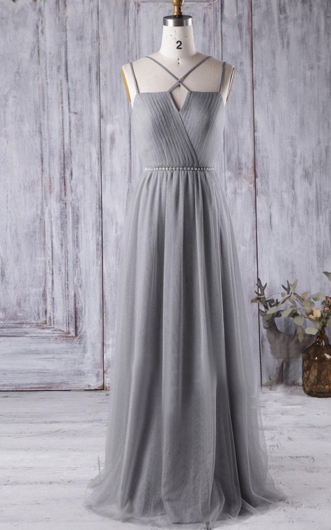 Criss Cross Spaghetti Straps Pleated A-line Chiffon Long Dress - 1