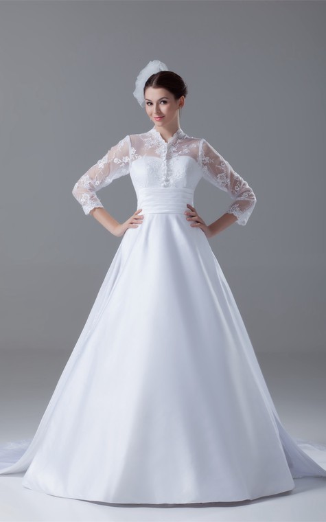 Exquisite Long Sleeve High Neck Satin Appliqued a Line Wedding Dresses - 1