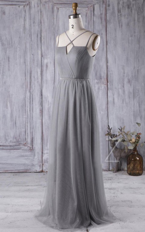 Criss Cross Spaghetti Straps Pleated A-line Chiffon Long Dress - 2