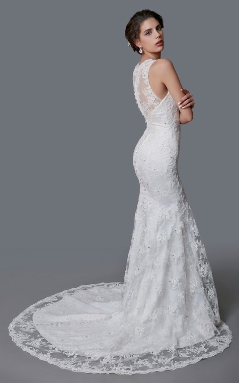 Delicate Illusion Back Lace Mermaid Dress - 4