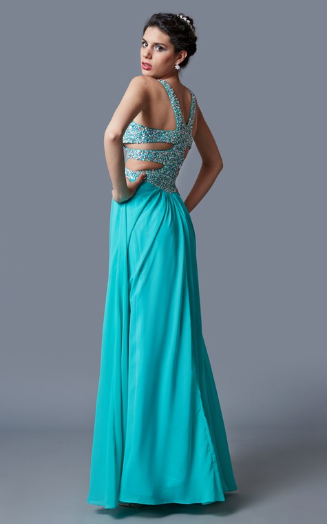 Stunning Sleeveless Long Chiffon Gown with Sequined Bodice and Side Cutouts - 2