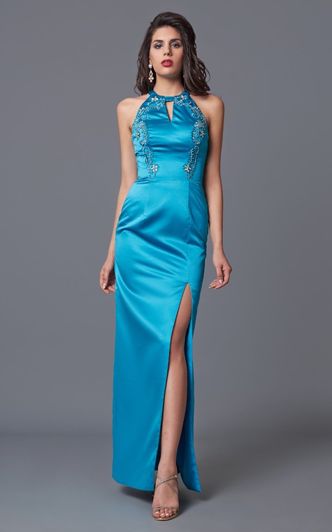 Feminine Sleeveless High Neck Sheath Satin Gown With Floral Beading - 1
