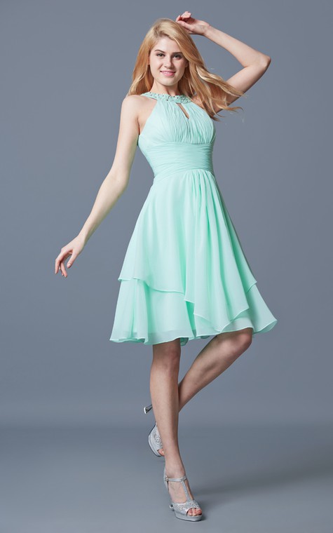 Elegant Sleeveless Tiered Knee Length Chiffon Dress With Keyhole Back - 2