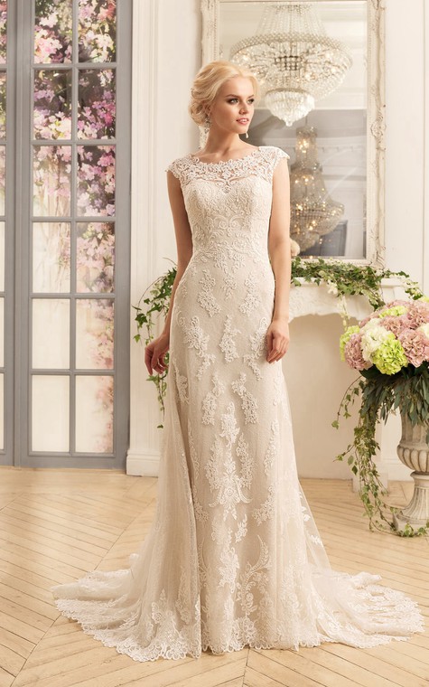 Sheath Floor-Length Scoop Cap-Sleeve Illusion Lace Dress With Appliques - 1