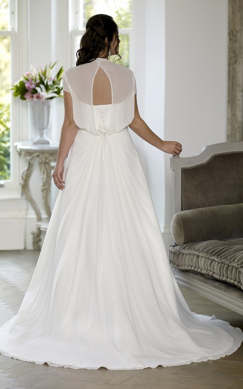 A-Line Floor-Length Sweetheart Short Sleeve Chiffon Satin Court Train Lace-Up Back Beading Dress - 2
