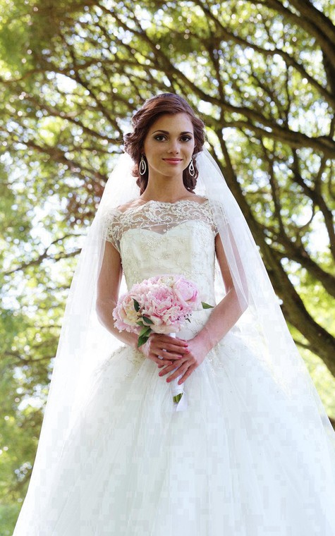 Lace-Bodice Tulle Cap Sleeve A-Line Bridal Gown With Illusion Back - 2