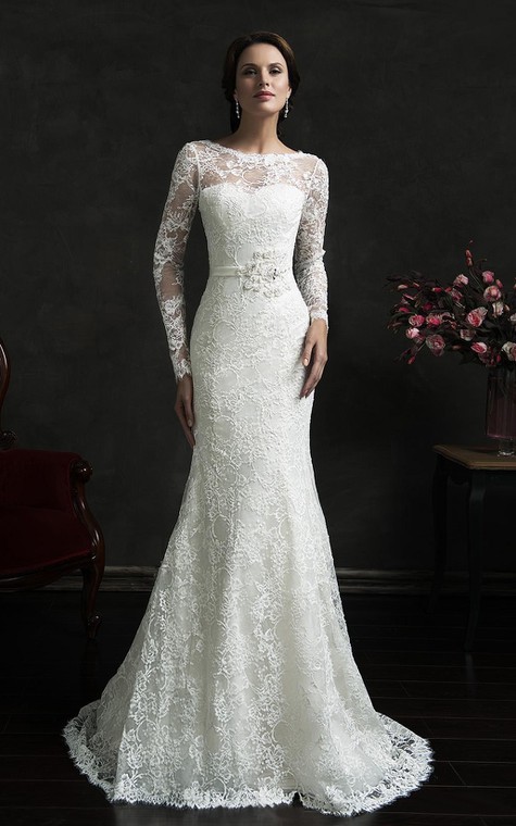 Mermaid Short Long Sleeve Bell Illusion Bat Appliques Illusion Court Train Backless Illusion Lace Dress - 1