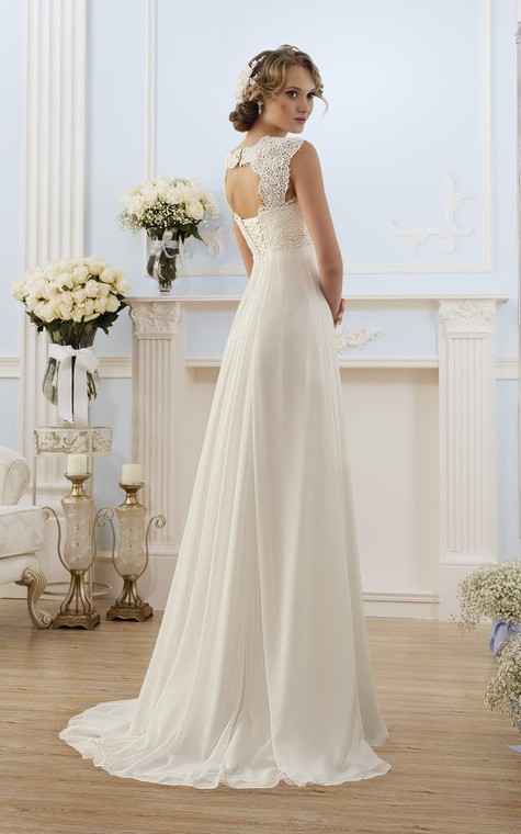 A-Line Long Cap-Sleeve Keyhole Chiffon Dress With Lace - 2