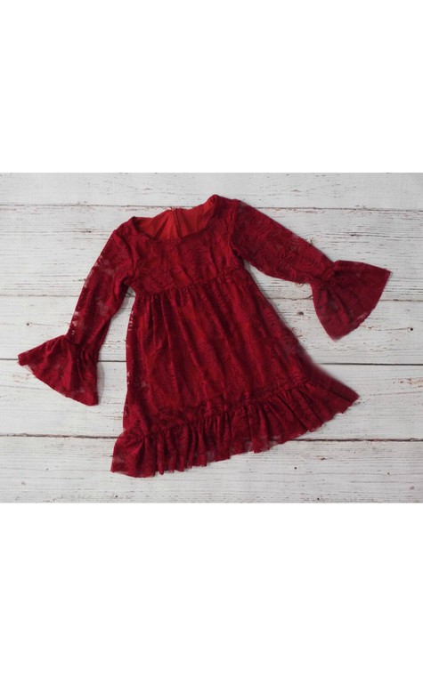 Bateau Neck Long Bell Sleeve A-line Lace Short Dress With Ruffles - 3