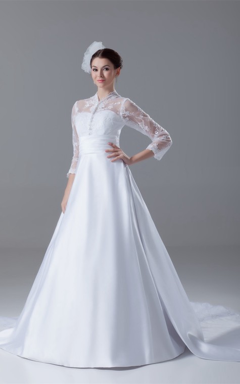 Exquisite Long Sleeve High Neck Satin Appliqued a Line Wedding Dresses - 2