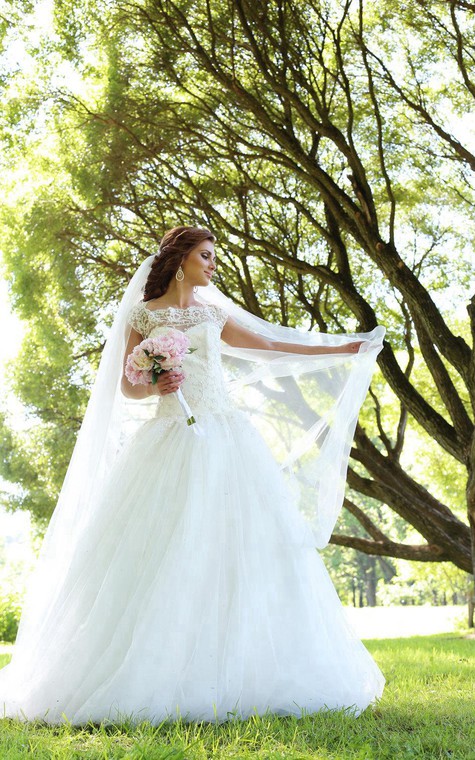 Lace-Bodice Tulle Cap Sleeve A-Line Bridal Gown With Illusion Back - 1