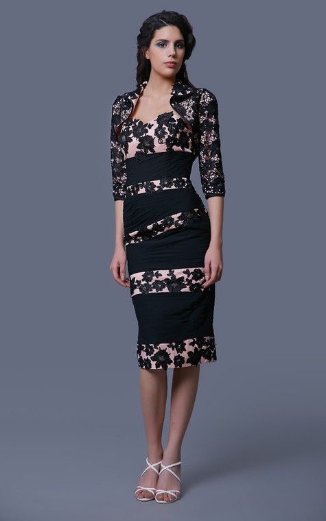 Glam Striped Lace and Chiffon Formal Knee-length Dress With Lace Jacket - 1
