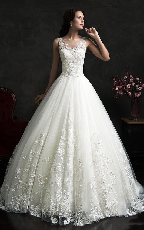 A-Line Short Jewel Straps Sleeveless Bell Appliques Chapel Train Button Straps Keyhole Lace Dress - 1