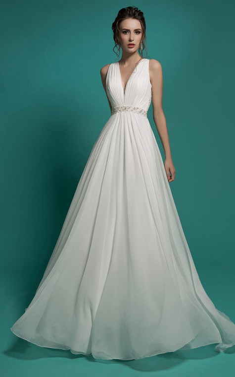 A-Line Floor-Length V-Neck Sleeveless Empire Illusion Chiffon Dress With Beading And Ruching - 1