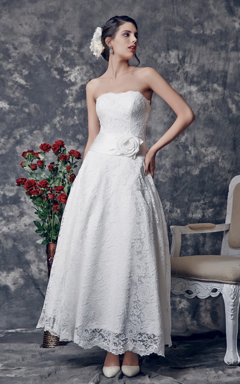 Delicate Strapless Tea Length Lace Dress With Floral Ruched Waistline - 1