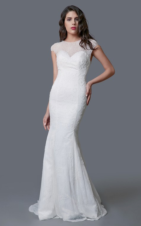 Ethereal Cap Sleeve Long Lace Sheath Dress - 1