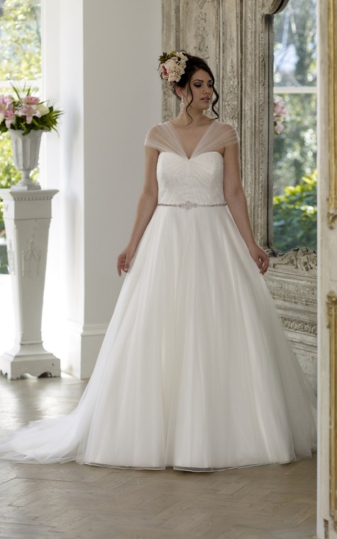 A-Line Floor-Length V-Neck Cap Tulle Satin Court Train Lace-Up Back Waist Jewellery Dress - 1