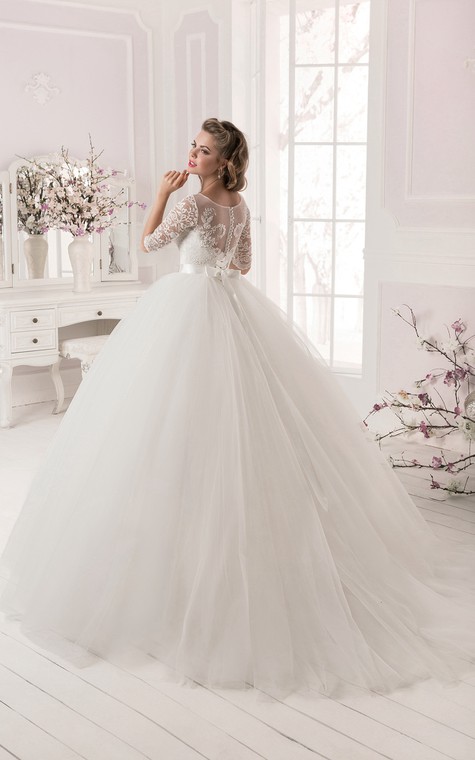 Ball Gown Lace&Tulle Long Sleeve Dress with Crystal Detailing - 3