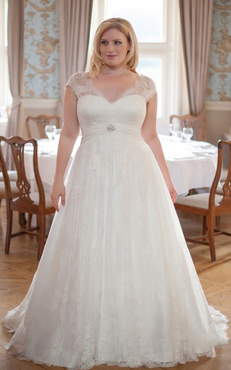 A-Line Floor-Length V-Neck Cap Empire Lace Sweep Train Pleats Dress - 1
