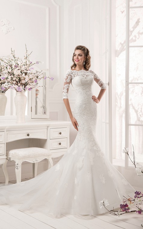 Half Sleeve Scalloped Neckline Lace Mermaid Dress - 1