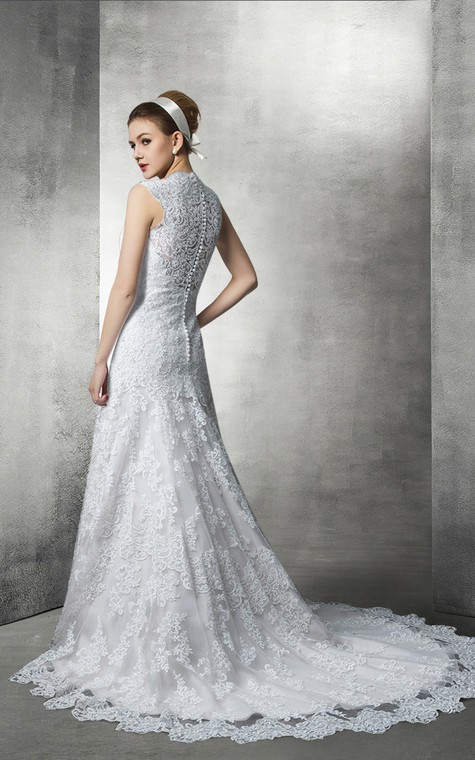 Fit and Flare Lace Wedding Gown With Plunging Neckline - 2