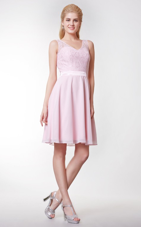 V-neck V-back A-line Knee Length Dress Lace Bodice - 3