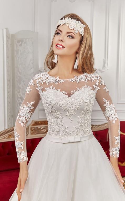 Bateau Floor-length Long Sleeve Illusion Back Appliques Dress With Bows - 2