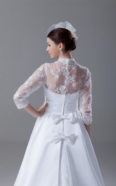 Exquisite Long Sleeve High Neck Satin Appliqued a Line Wedding Dresses - 7