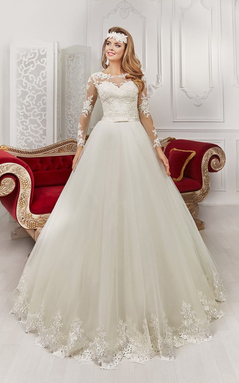 Bateau Floor-length Long Sleeve Illusion Back Appliques Dress With Bows - 1