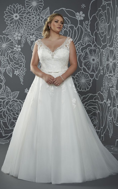 A-Line Floor-Length V-Neck Cap Tulle Court Train Low-V Back Beading Dress - 1