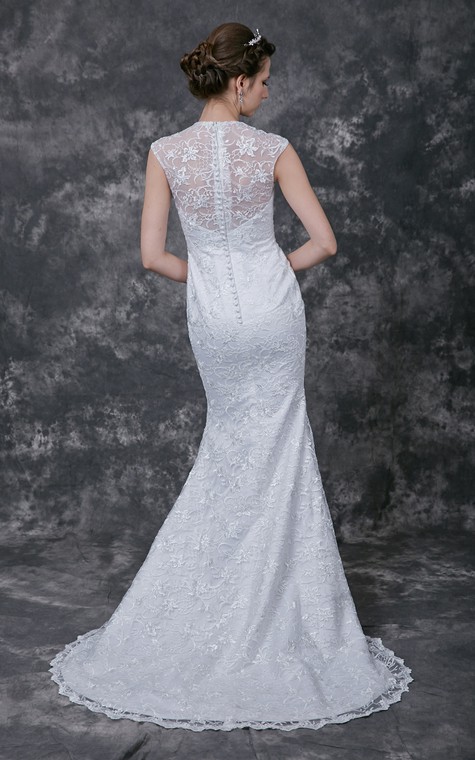 Sophisticated Cap-sleeved High Neck Slim-line Lace and Charmeuse Wedding Gown - 2