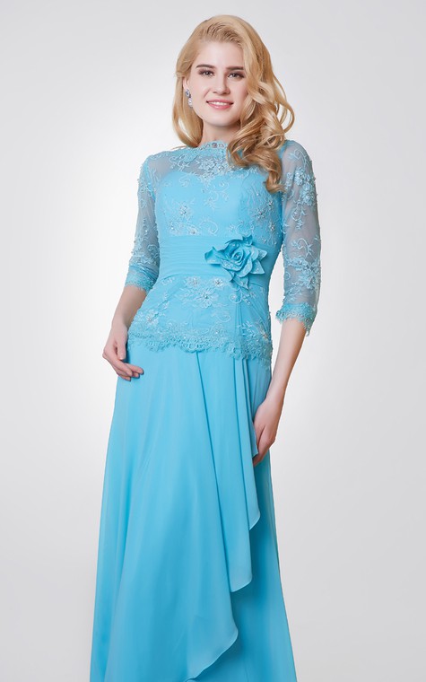 3-4 Length Sleeve Long Chiffon and Lace Dress With Side Draping - 4