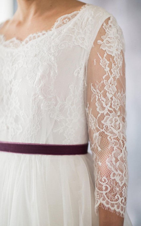 3-4 Sleeve A-Line Lace and Organza Dress With Bateau Neckline and Satin Sash - 4