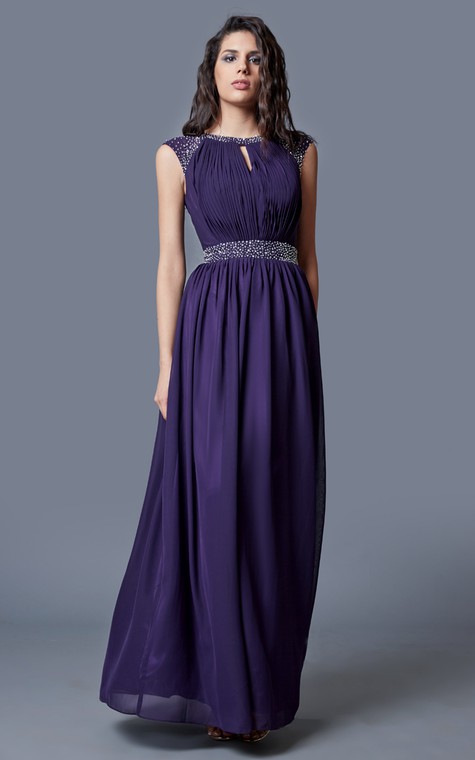 Beaded Cap-sleeved Bateau Neck Ruched Long Chiffon Dress - 1