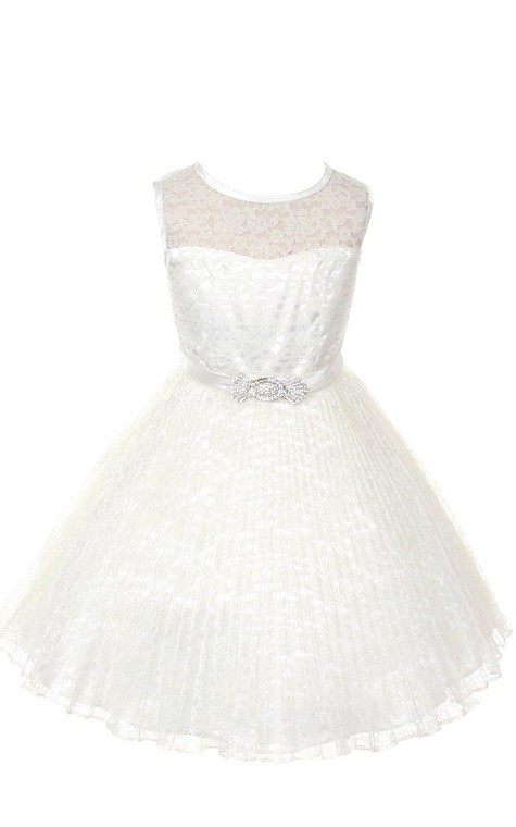 A-line Sleeveless Jewel Neck Lace Dress With Satin Belt - 6