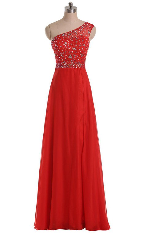 One-shoulder Long A-line Gown With Rhinestone Bodice - 1