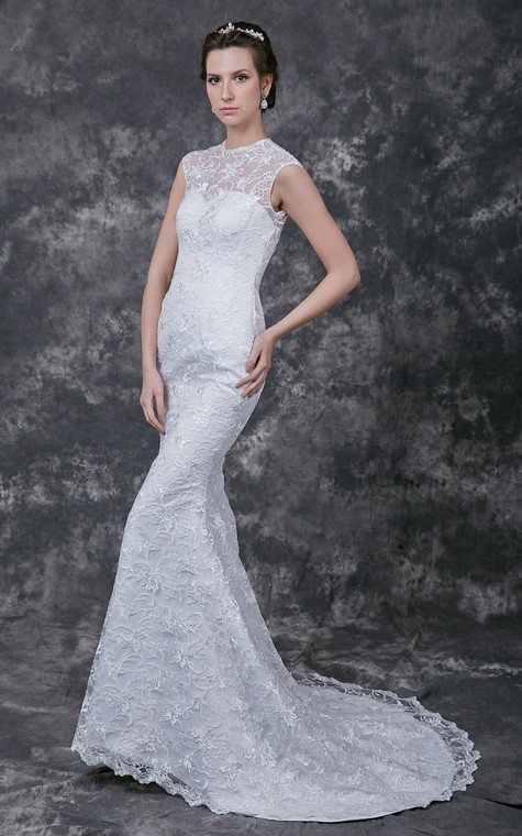 Sophisticated Cap-sleeved High Neck Slim-line Lace and Charmeuse Wedding Gown - 1