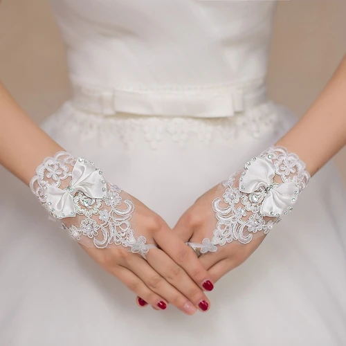 Guantes cortos de encaje de diamante con lazo blanco, nuevos