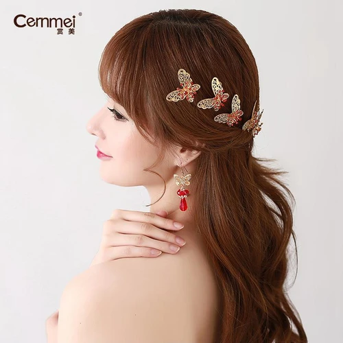 Braut-Kopfschmuck in Rot, Haarschmuck für chinesisches Cheongsam, Hochzeitsaccessoires, Tellerhaarnadel, U-förmige Haarspange